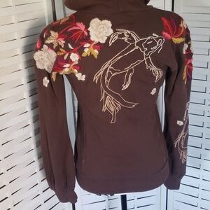 Johnny Was brown embroidery Koi fish and floral full zip hoodie sweatshi…